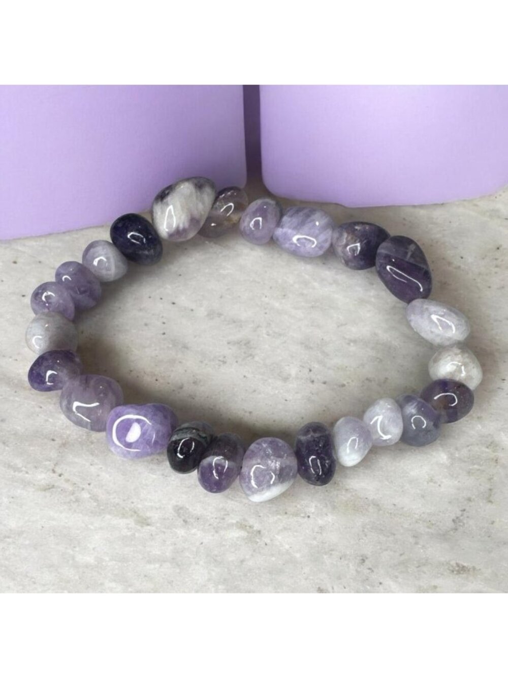 Amethyst Tumbled Stone Stretch Bracelet For Women - Purple & White Polished Gems